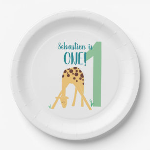 Personalised 1st Birthday Modern Yellow Giraffe Paper Plate
