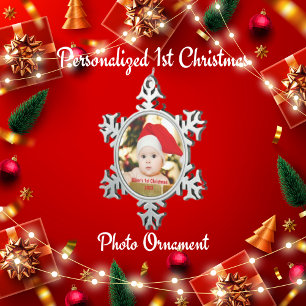 Personalised 1st Christmas Baby Photo Snowflake Pewter Christmas Ornament