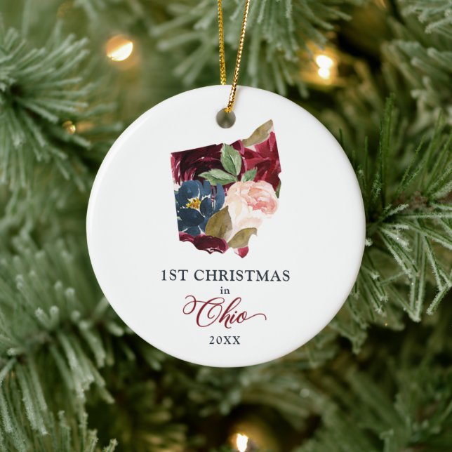 Personalised 1st Christmas In Ohio State Floral Ceramic Tree Decoration (Tree)