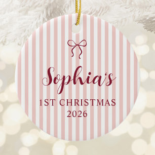 Personalised 1st Christmas Photo Blush Stripes Ceramic Tree Decoration