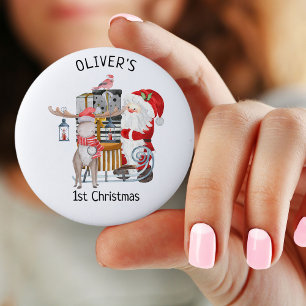Personalised 1st Christmas Santa and Reindeer 6 Cm Round Badge