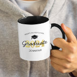 Personalised 2024 Black Gold Graduate Mug<br><div class="desc">Custom graduation mug featuring a graduate cap,  2024 in faux gold foil,  school name,  students name,  and the word graduate in a script font.</div>