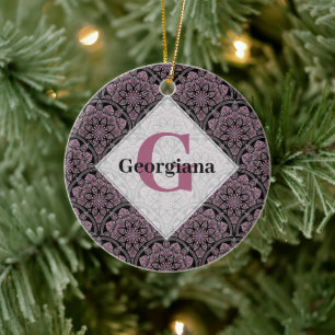 Personalised 20s Dusky Rose Floral Fronds Mandala Ceramic Tree Decoration