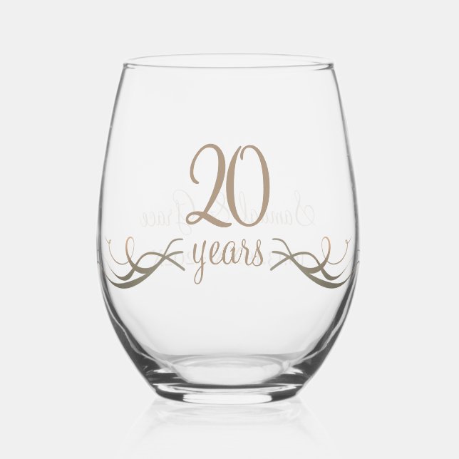 Personalised 20th Anniversary Keepsake Custom Gift Stemless Wine Glass (Front)