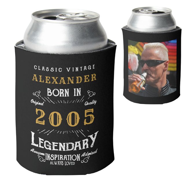 Personalised 20th Birthday Add Name Year Photo Can Cooler (Personalized 20th birthday can cooler with custom name, year and photo template.)