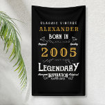 Personalised 20th Birthday Born 2005 Vintage Black Banner<br><div class="desc">A personalised classic party banner for that special birthday born in 2005 and turning 20. Add the name to this vintage retro style black, white and gold design for a custom birthday gift. Easily edit the name and year with the template provided. A wonderful custom black birthday gift. More gifts...</div>