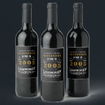 Personalised 20th Birthday Born 2005 Vintage Black Wine Label<br><div class="desc">A personalised classic wine bottle label design for that birthday celebration for somebody born in 2005 and turning 20. Add the name to this vintage retro style black, white and gold design for a custom 20th birthday gift. Easily edit the name and year with the template provided. A wonderful custom...</div>