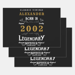 Personalised 21st Birthday Born 2002 Vintage Black Wrapping Paper Sheet
