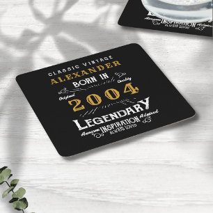 Personalised 21st Birthday Born 2004 Vintage Black Square Paper Coaster