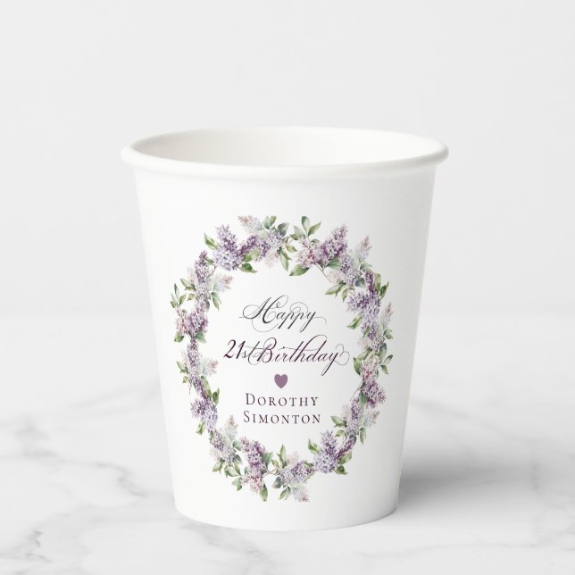 Personalised 21st Birthday Purple Lilac Flower Paper Cups (Front)