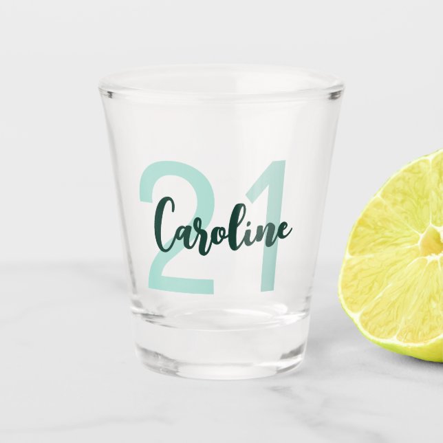 Personalised 21st Birthday Teal Green Script Shot Glass (Front)