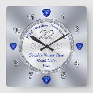 Personalised, 22 year Wedding Anniversary Gift Square Wall Clock