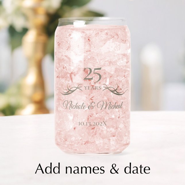 Personalised 25th Anniversary Keepsake Custom Gift Can Glass (Add couples names and 25th wedding anniversary date for an elegant commemorative glass can gift.)