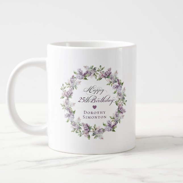 Personalised 25th Birthday Gift Purple Lilac Large Coffee Mug (Left)