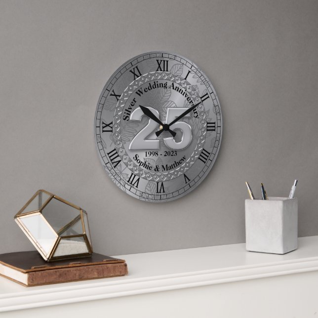 Personalised 25th Silver Wedding Anniversary Gift Large Clock (Office)