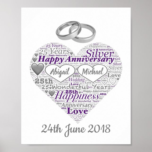 Personalised 25th Silver Wedding Word Art Print (Front)