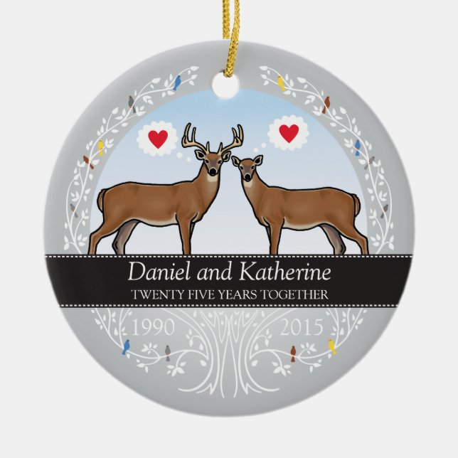 Personalised 25th Wedding Anniversary, Buck & Doe Ceramic Tree Decoration (Front)