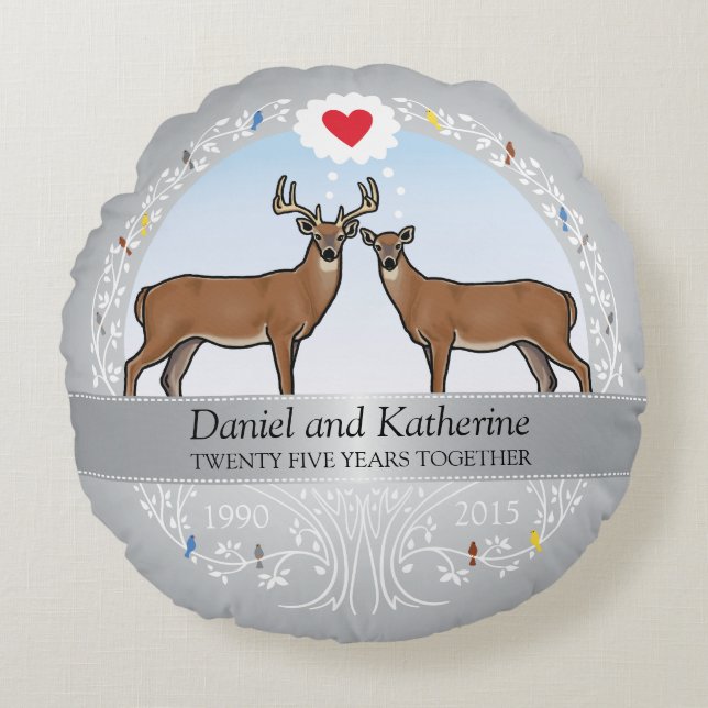 Personalised 25th Wedding Anniversary, Deer Round Cushion (Front)