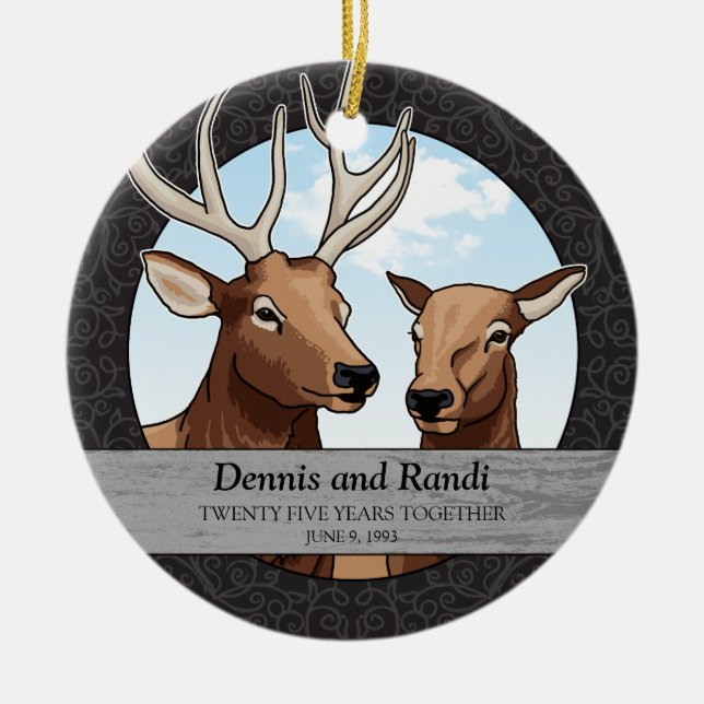 Personalised 25th Wedding Anniversary, Elk Ceramic Tree Decoration (Front)