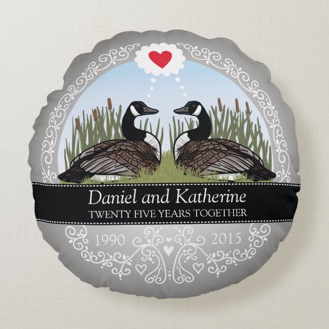 Personalised 25th Wedding Anniversary, Geese Round Cushion (Front)