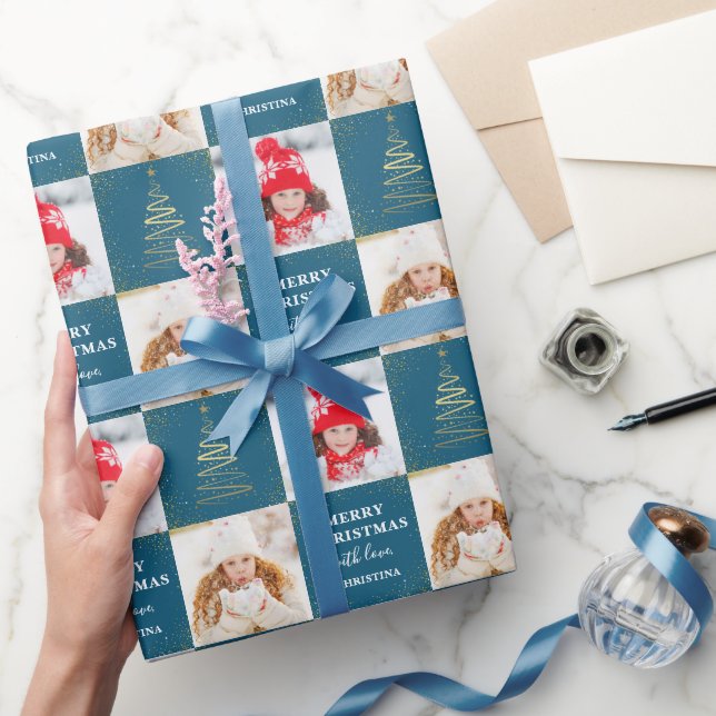 Personalised 2 Photo Blue Gold Christmas Holiday Wrapping Paper (Gifting)