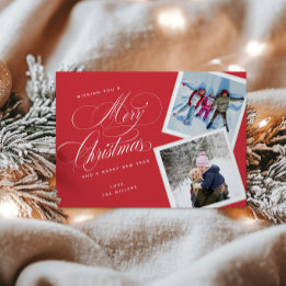 Personalised 2 Photo Collage Script Red Holiday Card