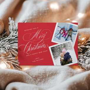 Personalised 2 Photo Collage Script Red  Holiday Card