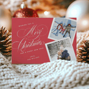 Personalised 2 Photo Collage Script Red Holiday Card