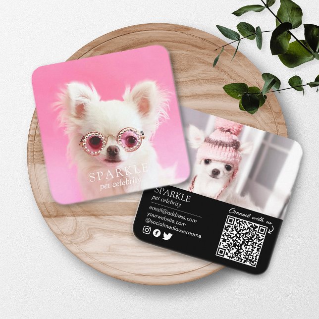 Personalised 2 Photo Dog Pet Social Media QR Code Square Business Card (Creator Uploaded)
