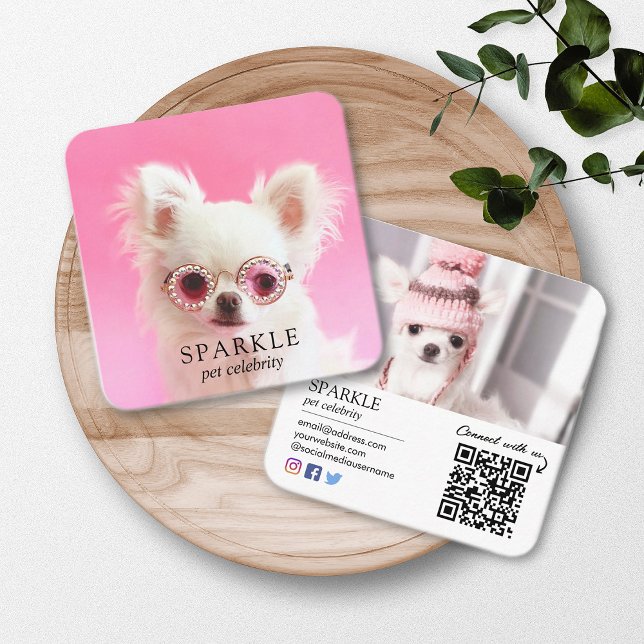 Personalised 2 Photo Dog Pet Social Media QR Code Square Business Card (Creator Uploaded)