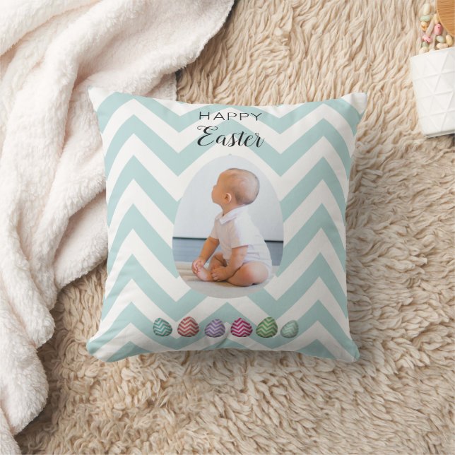 Personalised 2 Photo Easter Egg Blue Pastel Cushion (Blanket)