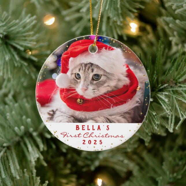 Personalised 2 Photo Pet Cat Meowy Christmas  Ceramic Tree Decoration (Tree)