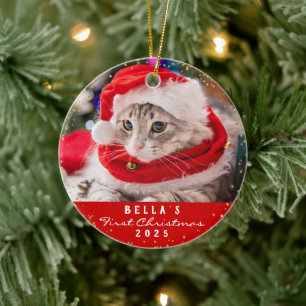 Personalised 2 Photo Pet Cat Meowy Christmas Red Ceramic Tree Decoration
