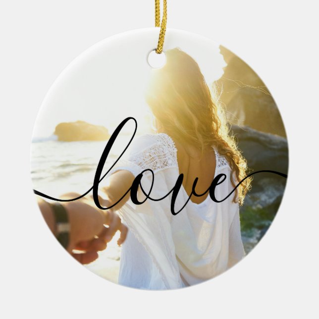 Personalised 2 Photos and Script Text Love Ceramic Tree Decoration (Front)