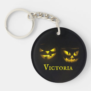 Personalised 2 sided yellow on black pumpkin face key ring