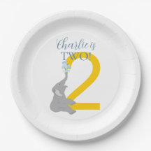 Personalised 2nd Birthday Grey Elephant Plates