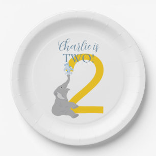 Personalised 2nd Birthday Grey Elephant Plates