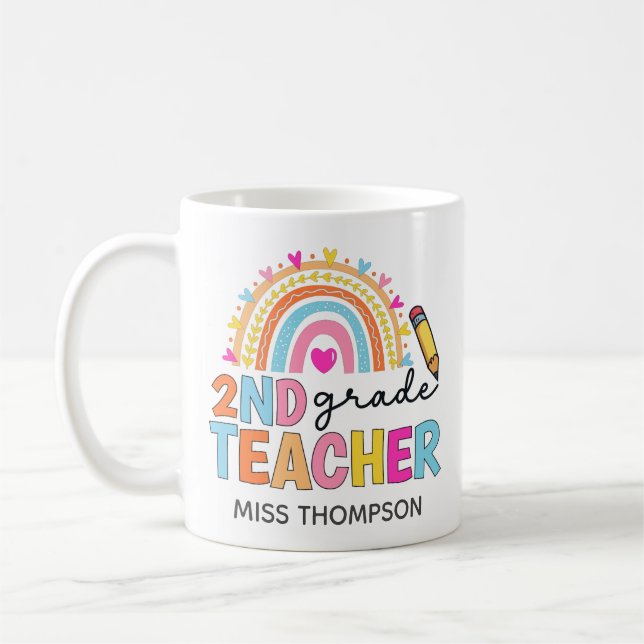Personalised 2nd Grade Rainbow Teacher Coffee Mug (Left)