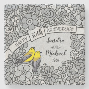 Personalised 30th Anniversary, Floral and Birds Stone Coaster