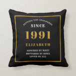 Personalised 30th Birthday 1991 Elegant Chic Black Cushion<br><div class="desc">For those born in 1991 and celebrating their 30th birthday we have the ideal surprise birthday party throw pillow gift. The black background with a white and gold design is simple and yet elegant. Easily customise the text to the front and the interior of these party supplies using the template...</div>