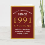 Personalised 30th Birthday 1991 Red Gold Chic Card<br><div class="desc">30th birthday red and gold birthday card for those special people born in 1991. Easily customise the text to the front and the interior of this birthday card using the template provided. Part of the setting standards range of greeting cards.</div>