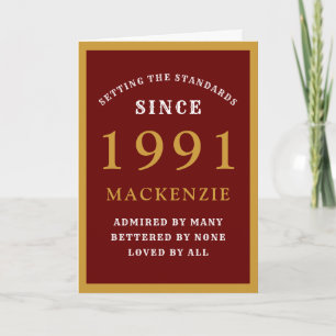 Personalised 30th Birthday 1991 Red Gold Chic Card