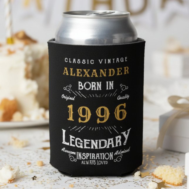 Personalised 30th Birthday 1996 Vintage Legendary Can Cooler (30th birthday can cooler white background.)