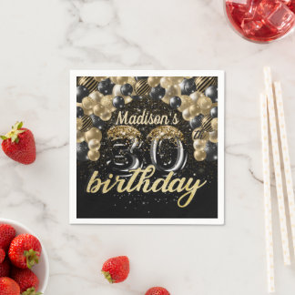 Personalised 30th Birthday Black Gold Balloon Napkin
