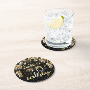 Personalised 30th Birthday Black Gold Round Paper Coaster