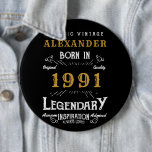 Personalised 30th Birthday Born 1991 Vintage Black 6 Cm Round Badge<br><div class="desc">A personalised huge button / pin badge for that birthday person born in 1991 and turning 30. Add the name to this vintage retro style black, white and gold design for a custom 30th birthday gift. Easily edit the name and year with the template provided. A wonderful custom black birthday...</div>