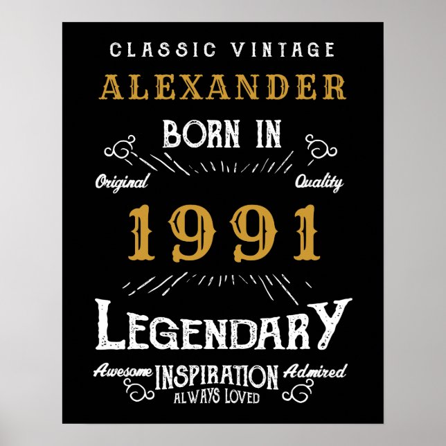 Personalised 30th Birthday Born 1991 Vintage Black Poster (Front)