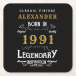 Personalised 30th Birthday Born 1991 Vintage Black Square Paper Coaster<br><div class="desc">A personalised classic paper coaster design for that birthday celebration for somebody born in 1991 and turning 30. Add the name to this vintage retro style black, white and gold design for a custom 30th birthday gift. Easily edit the name and year with the template provided. A wonderful custom black...</div>