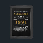 Personalised 30th Birthday Born 1991 Vintage Black Trifold Wallet<br><div class="desc">A personalised wallet design for those born in 1991 and turning 30. Add the name to this vintage retro style black, white and gold design for a custom 30th birthday gift. Easily edit the name and year with the template provided. A wonderful custom black birthday gift. More gifts and party...</div>
