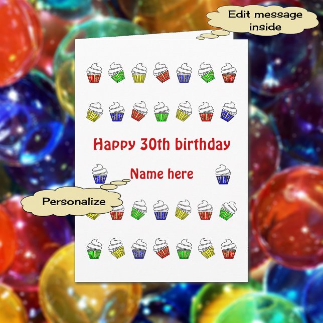 Personalised 30th birthday colourful cupcakes card (Colorful cupcakes - 30 of them!)